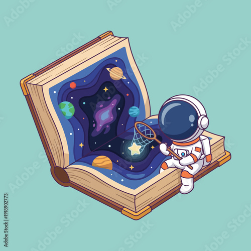 A captivating illustration shows an astronaut sitting with a book that opens to a cosmic scenefilled with stars and planets, highlighting thewonder of exploration and knowledge.