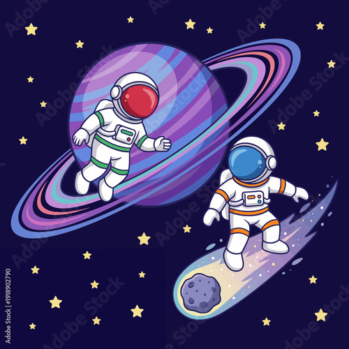 This vibrant illustration showcases two astronauts floating in space, surrounded by colorful planets and stars, embodying adventure, exploration, and thejoy of discovery in thecosmos.