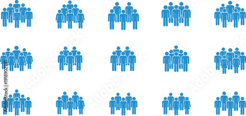 Blue people group icons set representing community members, teamwork, audience, diversity, user profiles, social network and business team concept in flat vector style.