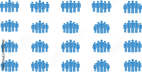 Blue people group icon set, diverse men and women team silhouettes, business community crowd avatar vector collection.