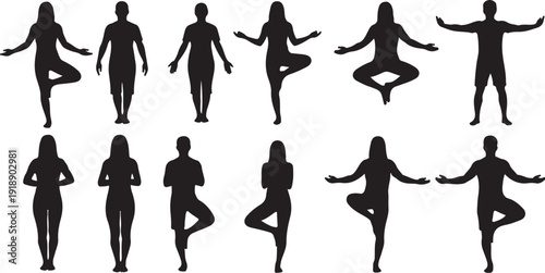 Silhouettes of people in various yoga poses and stances