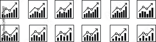 Business analytics bar chart icons in square frames, financial growth graphs with upward arrows, market trend dashboard symbols collection for corporate reporting design, Vector illustration