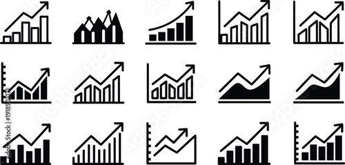 Business growth and financial analytics icon collection, bar charts and line graphs with upward arrows showing revenue increase, profit trends and market performance, Vector illustration.