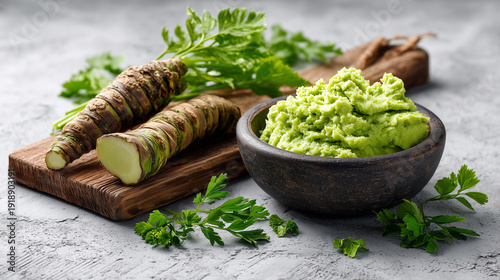 Fresh wasabi root with spicy green paste