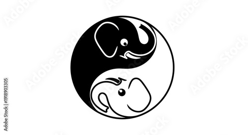 Yin Yang Symbol with Two Elephants Facing Each Other in Black and White Illustration