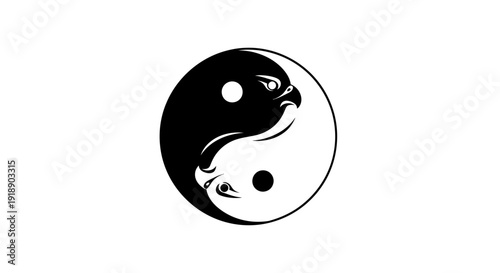 Dynamic Yin Yang Symbol with Intertwined Eagle Heads Representing Balance and Duality of Nature's Power and Harmony in a Monochrome Design