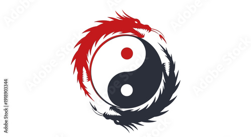 Red and black dragons encircling the yin yang symbol, representing balance and duality in ancient mythology and philosophy
