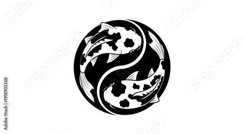 Dynamic black and white koi fish illustration forming a symbolic Yin Yang emblem, representing balance, harmony, and interconnectedness in a stylized graphic design