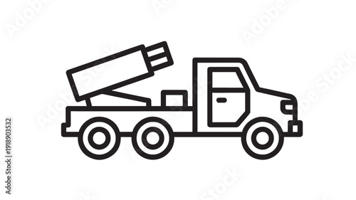 Truck crane simple vector outline with dump container on flatbed, minimalist truck icon with crane, black truck graphic outline featuring transportation, logistics, heavy duty with machinery and