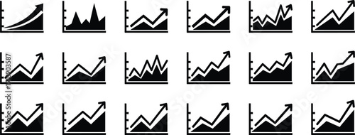 Business growth line chart icon set with upward arrow, financial performance graph, stock market analytics and revenue increase vector collection.