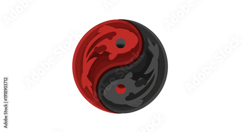 Dynamic graphic illustration of stylized red and black koi fish intertwined to form a vibrant yin yang symbol, embodying principles of perfect balance, duality, and harmonious existence