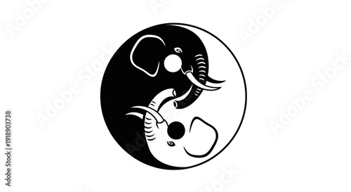 Striking graphic illustration of two intertwined elephants forming a dynamic Yin and Yang symbol, representing the profound concept of balance, harmony, and interconnected duality
