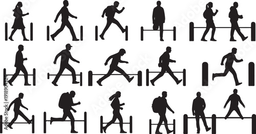 Silhouettes of people running and jumping over obstacles together
