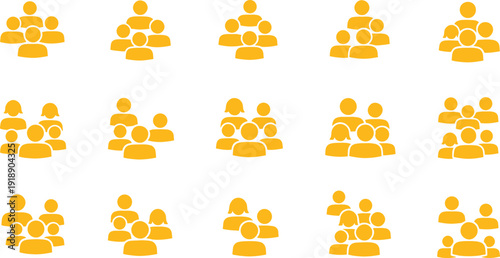 Yellow people group icons collection representing community members, teamwork, audience, user profiles, social network connections and business team concept in flat vector style.