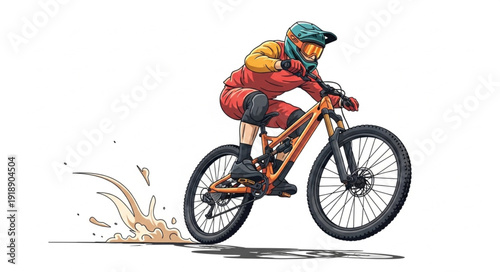 Mountain Biker Riding Downhill Fast.