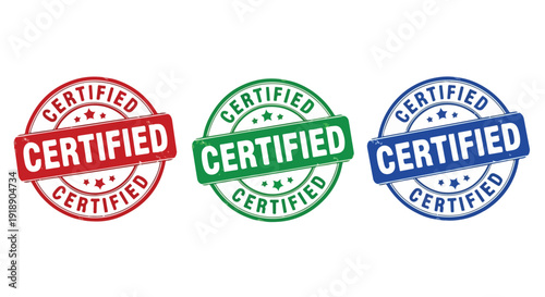 Set of 3 Certified Grunge Rubber Stamps Red Green Blue Vector