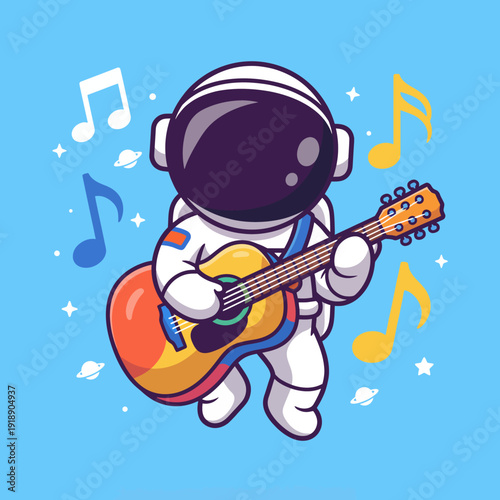 An astronaut joyfully plays an acoustic guitar against a bright bluebackdrop, surrounded by colorful musical notes, symbolizing creativity and artistic expression.
