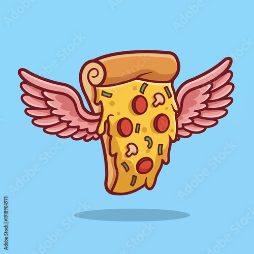 A whimsical sliceof pizza with wings takes flight in this captivating illustration, promoting feelings of joy and imagination, perfect for food lovers and fun seekers alike.