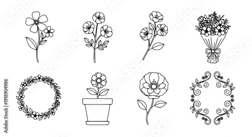 Garden flower minimal flat line icon set vector