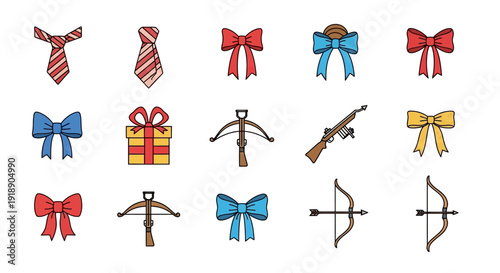 A collection of various icons including striped ties, colorful bows, a gift box, crossbows, a rifle, and bows with arrows on a white background.