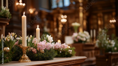 Majestic paschal candle standing tall among traditional Easter decorations, glowing softly during an evening service. Set against a backdrop of a richly decorated church with detailed woodwork and
