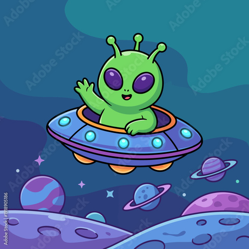 An endearing green alien waves cheerfully from its flying saucer, adding a fun and whimsical touch to thecosmic landscapefilled with colorful planets and stars.