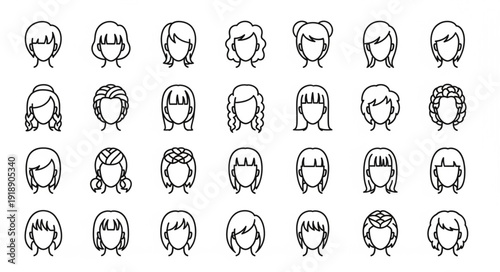 Collection of diverse female hairstyles in simple line art style.