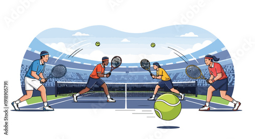 Illustration of four people playing doubles tennis on a court with a green ball and blue stands.