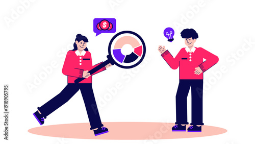 Businesswoman using a large magnifying glass to analyze financial data and market share charts