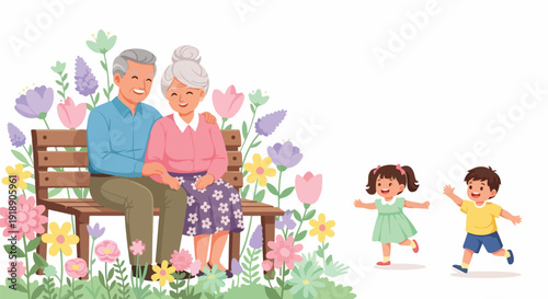 Illustration of an elderly couple sitting on a bench surrounded by flowers while two children play nearby in a colorful outdoor setting.
