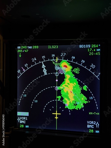 Navigation display of a modern airliner with weather radar returns depicting builds up in green, yellow, red and magenta in flight