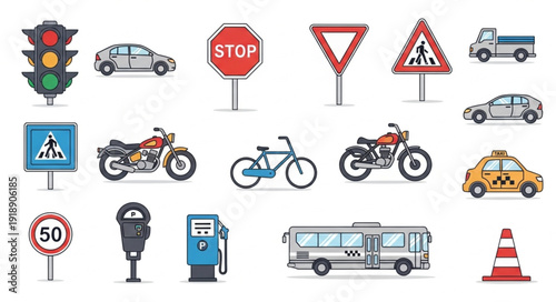 Collection of traffic signs and vehicles for road safety.