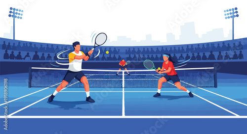 Two tennis players in action on a blue court with stadium lights and city skyline in background.