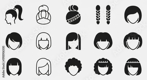 Collection of diverse hairstyles and hair icons.