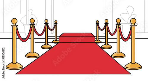 A red carpet with golden stanchions and red velvet ropes leading to a small raised platform, symbolizing a grand entrance or special event.