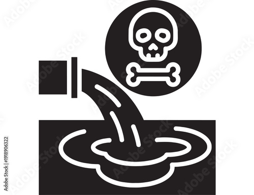Poison water icon with toxic skull symbol and contaminated liquid pouring into bowl, warning sign for hazardous chemicals, pollution risk, and unsafe drinking water