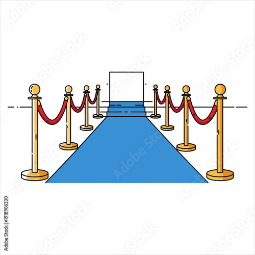 Illustration of a blue carpet leading to an open doorway, flanked by golden stanchions and red velvet ropes, symbolizing an exclusive event or entrance.