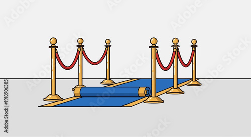 A blue carpet being unrolled between golden stanchions with red ropes, set against a plain background, symbolizing a special event.