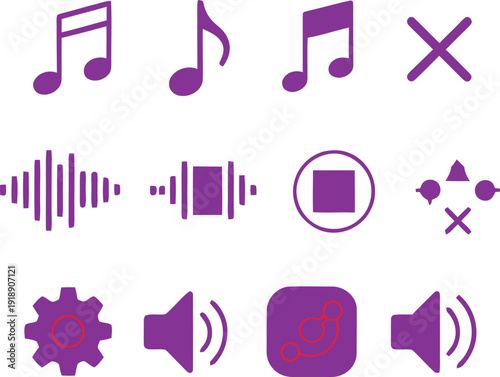 Digital Sound and Music Icons: A collection of purple icons representing various aspects of digital sound and music, including notes, volume levels, and control buttons.
