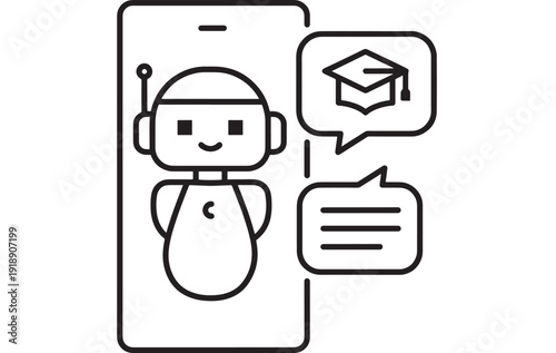 Chatbot education icon with robot assistant on smartphone screen, graduation cap in speech bubble, online learning support line symbol for e-learning apps and tutoring