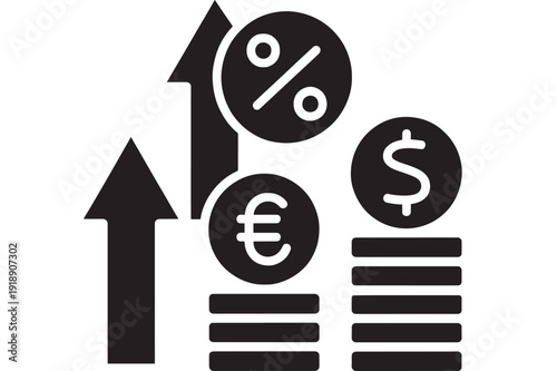Icon currency exchange rate increase with euro and dollar symbols, percent sign, upward arrows and stacked coins, minimal black glyph for finance, banking and inflation