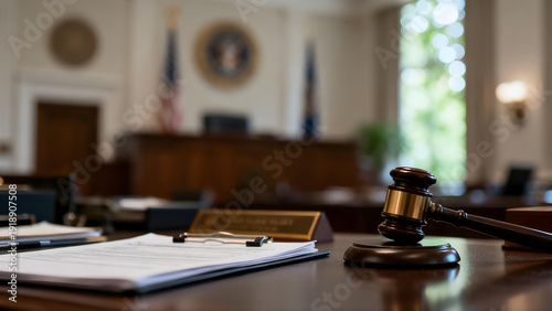 Gavel and documents on courtroom desk