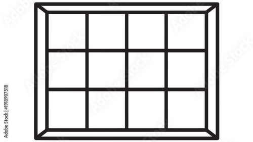 Window pane icon with divided glass grid and thick frame outline, minimal black line vector style for home, architecture, interface, and construction signage