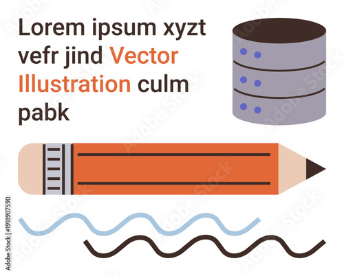 Education, data storage, creativity, graphic design, digital learning, content creation. Database with 3 disks, pencil wavy lines text. Education and data storage concept