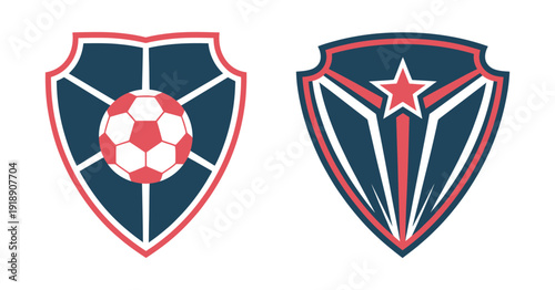 Shield Logo Set with Soccer Ball Crest, collection of vector emblems with star symbols