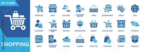 Shopping icon collection set. Containing shop, delivery, customer service, open, supermarket, target, sale, customer icon. Simple flat vector