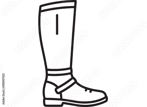 Boot leather knee-high with strap and buckle, minimalist design, black outline, footwear illustration, fashion icon featuring shoe, style, accessory with clothing and apparel elements for vector,