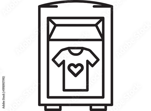 Washing machine laundry icon with t-shirt and heart symbol, clean minimal outline vector for detergent app, home appliance UI, laundry service signage and web design