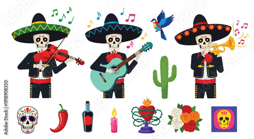 Day of the Dead Mariachi Skeletons with Mexican Fiesta Icons Vector Set