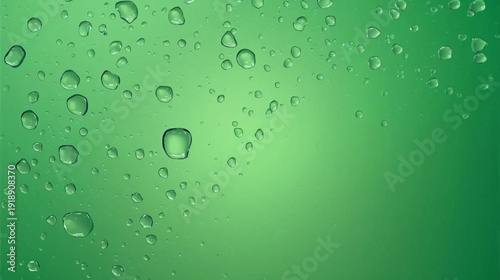Close-up view of clear water droplets on a vibrant green surface with a subtle gradient background, creating a refreshing and clean texture.